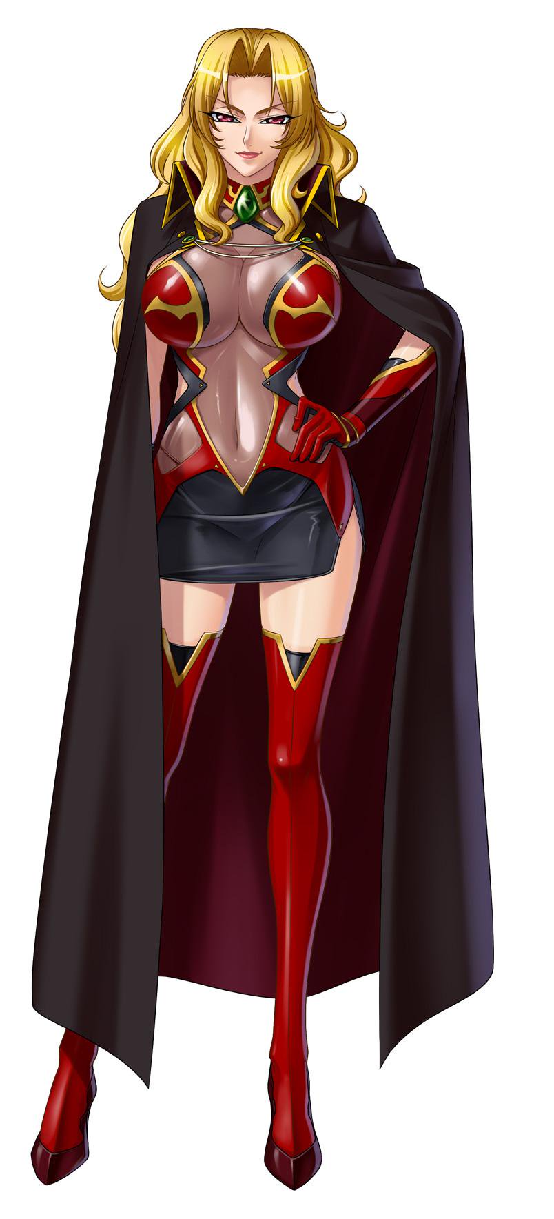00s 1girl absurdres alicia_viewstream bangs bare_shoulders black_skirt blonde_hair breasts cap cleavage collarbone elbow_gloves female full_body gloves groin hand_on_hip high_heels highres hips kagami_hirotaka kangoku_senkan kangoku_senkan_2 large_breasts legs legs_apart lilith-soft long_hair long_legs looking_at_viewer midriff miniskirt navel pantyhose parted_bangs red_eyes red_gloves red_legwear_thighhighs see-through shiny shiny_clothes simple_background skindentation skirt smile solo standing taut_skirt thighhighs thighs tight transparent_background