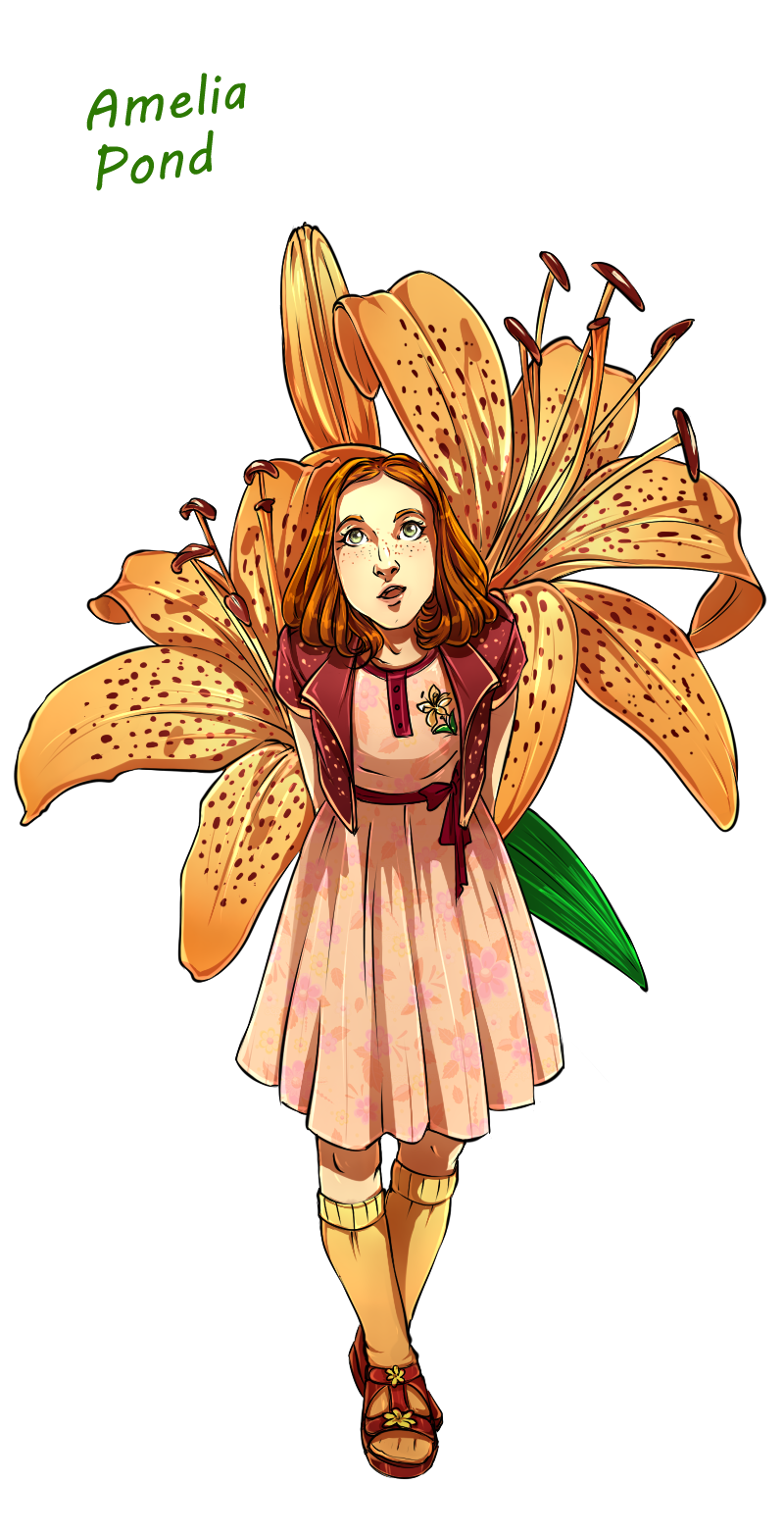amy_pond arms_behind_back caucasian character_name commission cropped_jacket doctor_who dress flower freckles full_body green_eyes highres holding holding_flower kneehighs lips looking_at_viewer looking_up minigirl miss-alex-aphey non-asian nose open_mouth orange_flower orange_hair orange_legwear pink_dress pleated_dress sandals short_sleeves solo standing toon transparent_background younger