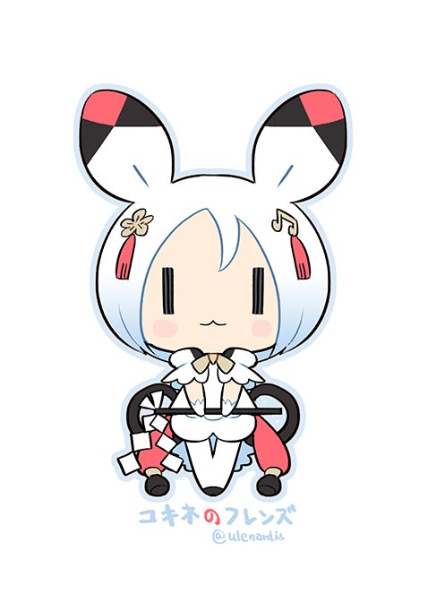 :3 blue_outline blush_stickers bunny_girl chibi gohei kemono_friends mao_yu musical_note_hair_ornament outline puffy_shorts shorts simple_background solo twitter_username vocaloid white_background white_hair yukine_(vocaloid) ||_||