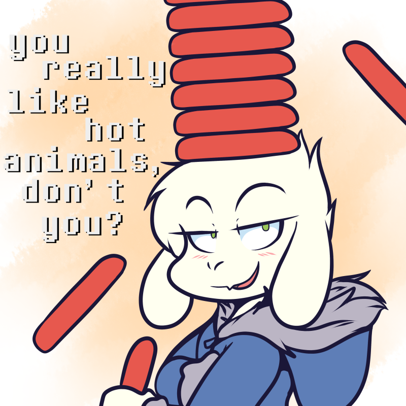 asriel_dreemurr blush boss_monster caprine clothing crackers english_text food fur goat green_eyes half-closed_eyes holding_food holding_object hoodie humor male mammal object_on_head sausage smug solo text undertale video_games white_fur young