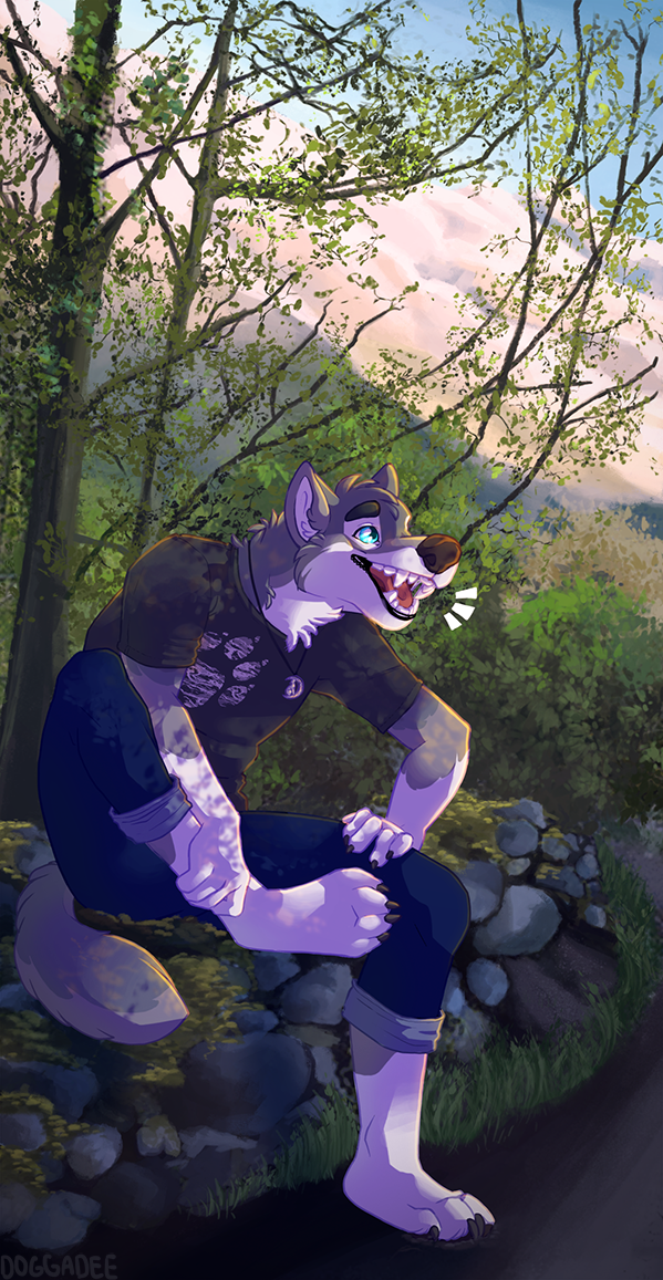 anthro blue_eyes canine clothed clothing doggadee invalid_tag mammal mountain paws wolf