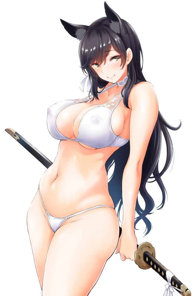 animal_ears atago_(azur_lane) azur_lane bangs bare_arms bare_shoulders bikini blush breasts brown_eyes cameltoe choker cleavage covered_nipples cowboy_shot extra_ears eyebrows_visible_through_hair groin hair_ribbon holding holding_sword holding_weapon large_breasts long_hair looking_at_viewer mole mole_under_eye navel ribbon sheath sheathed shiny shiny_hair simple_background skindentation solo standing stomach straight_hair swept_bangs swimsuit sword thighs weapon white_background white_bikini white_choker white_ribbon yammy