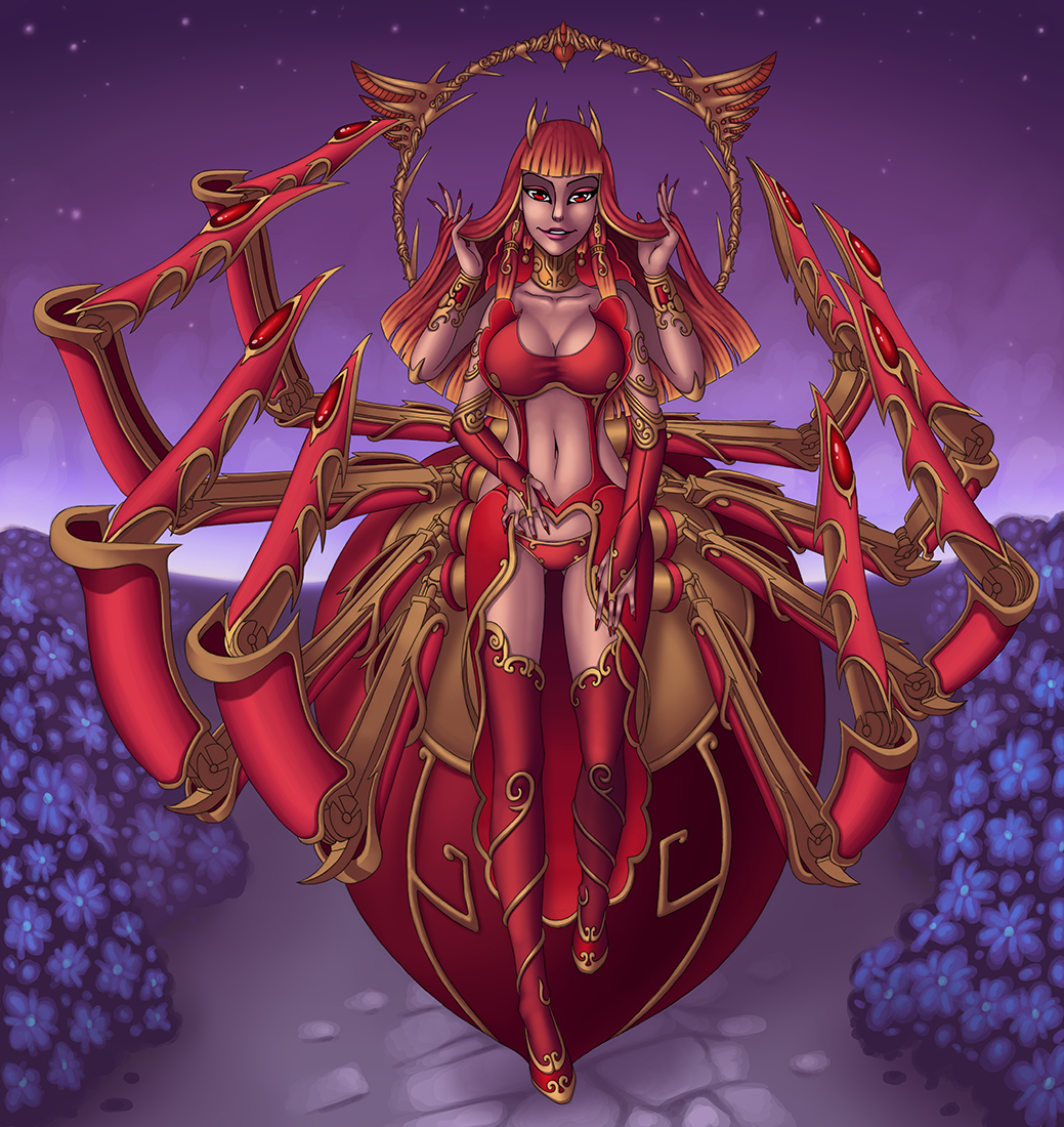 arachnid armor arthropod clothing cybernetics cyborg demimond23 female hair humanoid legwear machine mechanical_limbs multi_arm multi_limb navel not_furry red_eyes red_hair scarlet_the_forbidden_flower shows solo stockings unconvincing_armor