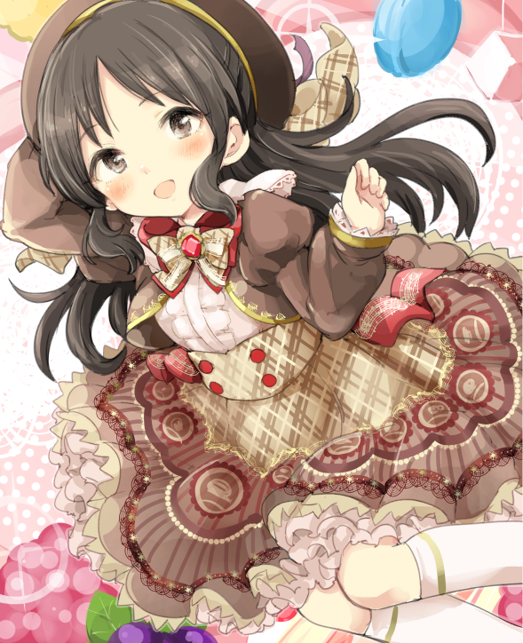 :d arm_up bangs beret black_hair blush brown_eyes brown_hat brown_jacket brown_skirt center_frills commentary_request eyebrows_visible_through_hair frills hand_behind_head hat idolmaster idolmaster_cinderella_girls idolmaster_cinderella_girls_starlight_stage jacket juliet_sleeves kneehighs long_hair long_sleeves morina_nao open_mouth parted_bangs print_skirt puffy_sleeves shirt skirt sleeves_past_wrists smile solo sparkle tachibana_arisu very_long_hair white_legwear white_shirt