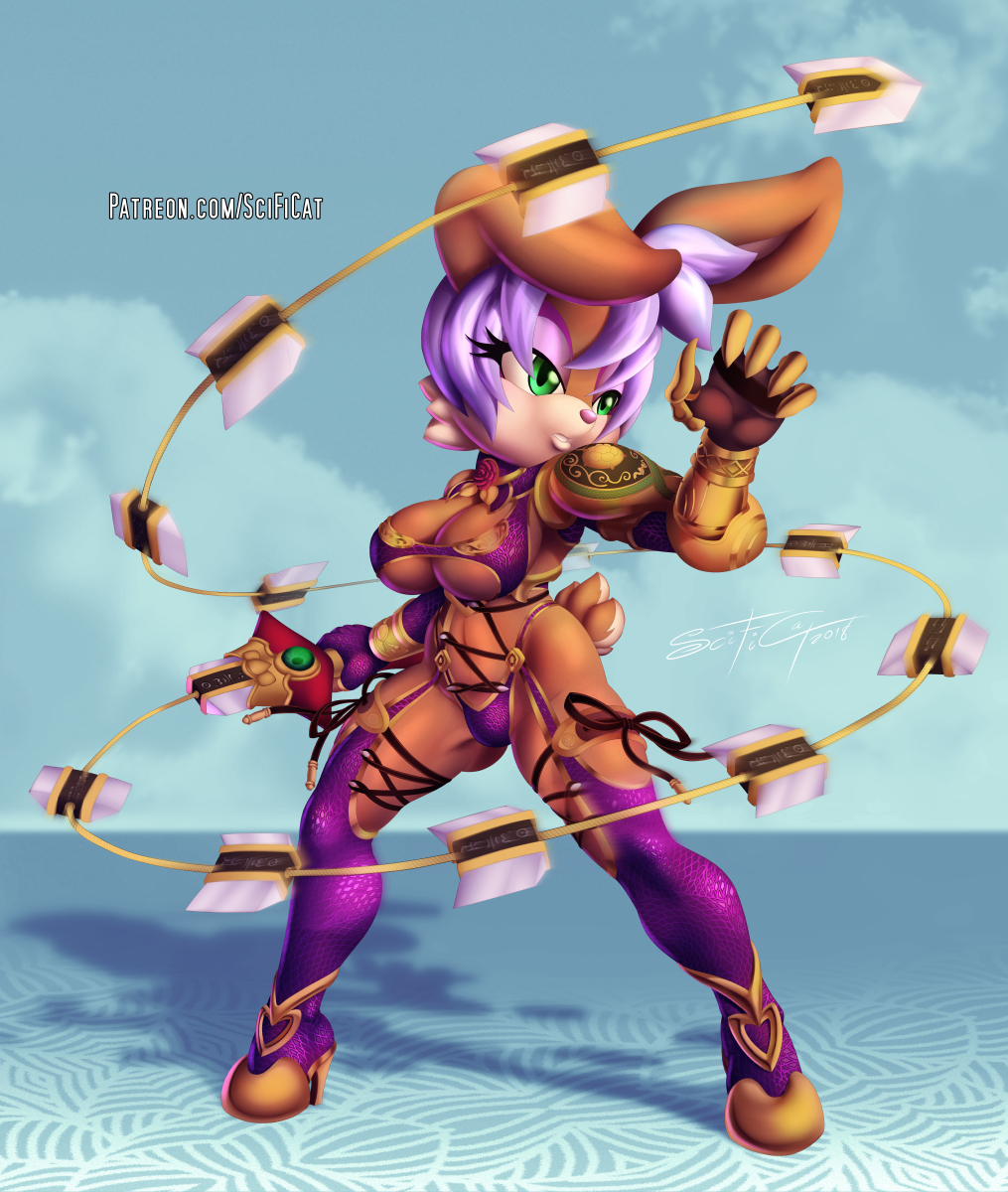 2018 anthro armor big_breasts breasts bunnie_rabbot clothed clothing cosplay eyelashes female green_eyes hair hi_res holding_object holding_weapon ivy_valentine lagomorph mammal melee_weapon rabbit scificat skimpy solo sonic_(series) soul_calibur sword weapon white_hair