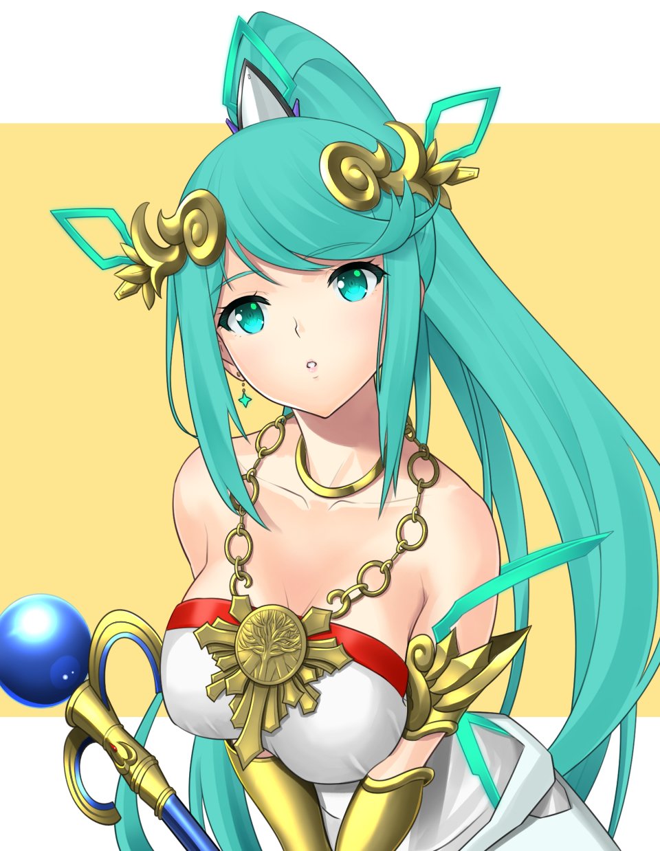 1girl bangs bare_shoulders blush breasts cosplay dolling60883582 dress eyebrows_visible_through_hair green_hair hair_ornament highres jewelry kid_icarus kid_icarus_uprising large_breasts long_hair looking_at_viewer nintendo palutena palutena_(cosplay) pneuma_(xenoblade_2) ponytail simple_background smile solo spoilers staff super_smash_bros. super_smash_bros._ultimate xenoblade_(series) xenoblade_2