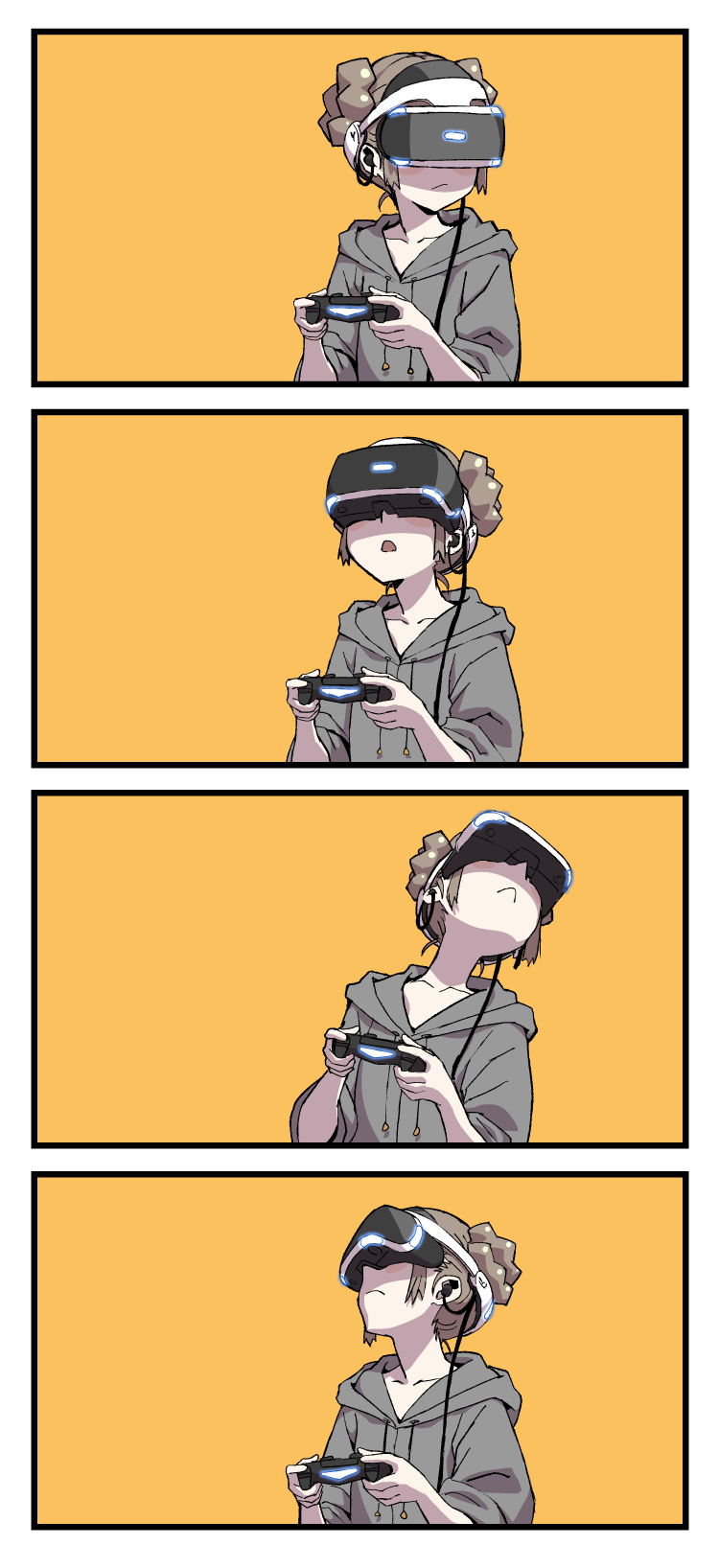 1girl comic commentary_request controller game_controller gamepad highres holding_controller hood hoodie inubou orange_background original simple_background solo vr_visor