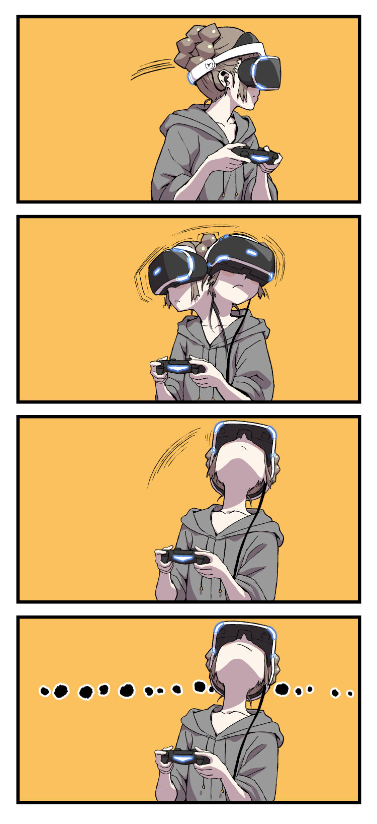 1girl comic commentary_request controller game_controller gamepad highres holding_controller hood hoodie inubou orange_background original simple_background solo vr_visor