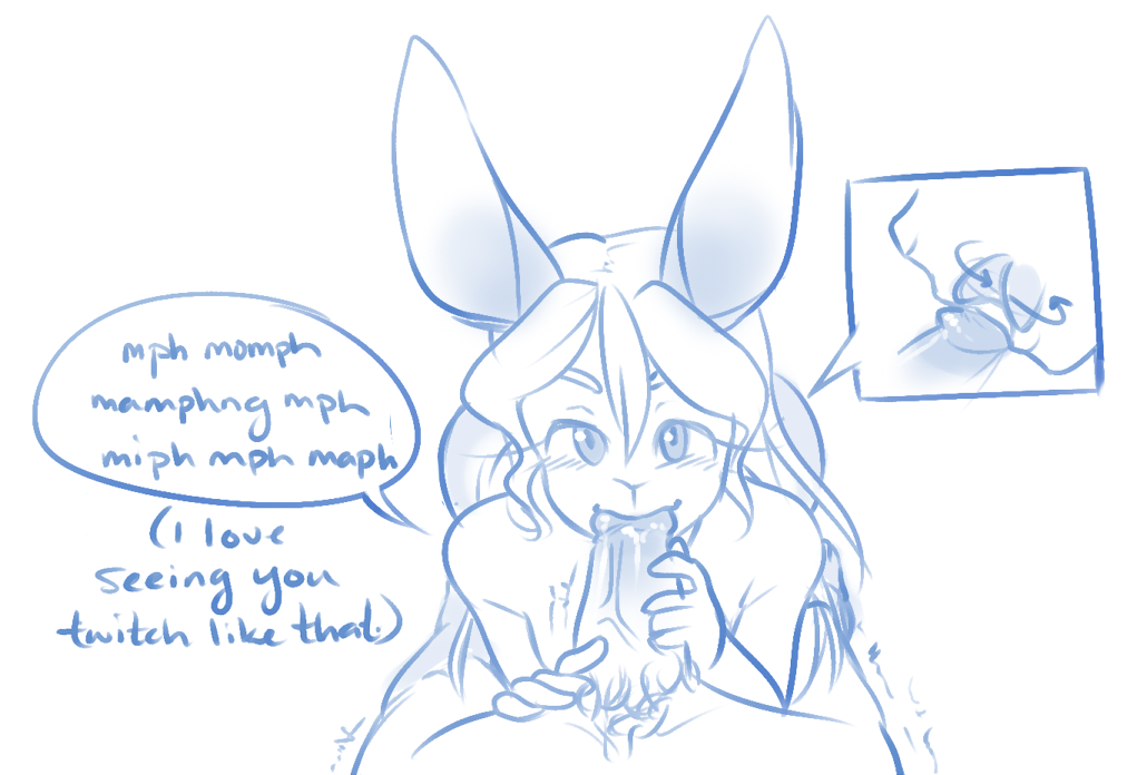 anthro blush bun_(artist) bun_(character) bunnyblueart close-up english_text faceless_male fellatio female_focus first_person_view lagomorph male mammal oral penis pubes rabbit sex simple_background sketch text tongue