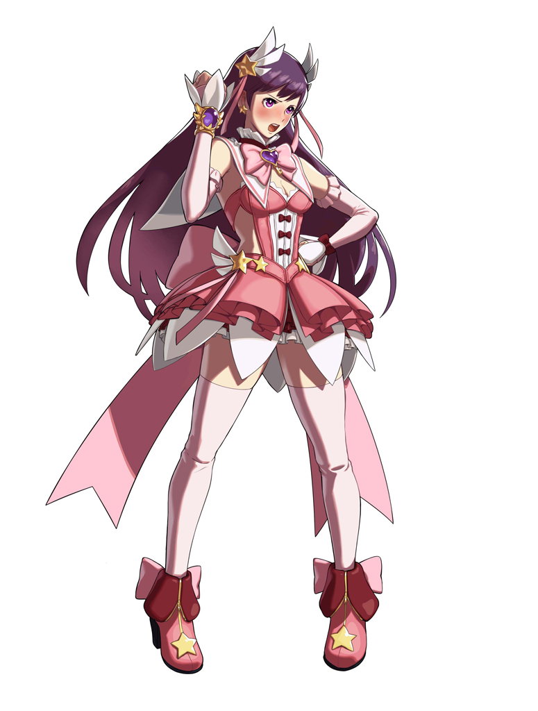 alternate_costume asamiya_athena blush boots bow bowtie breasts cleavage clenched_hand detached_sleeves embarrassed frilled_skirt frills hair_ornament hair_ribbon high_heel_boots high_heels idol jewelry long_hair medium_breasts official_art ogura_eisuke purple_eyes purple_hair ribbon skirt snk snk_heroines:_tag_team_frenzy solo star star_hair_ornament the_king_of_fighters thighhighs white_legwear zettai_ryouiki