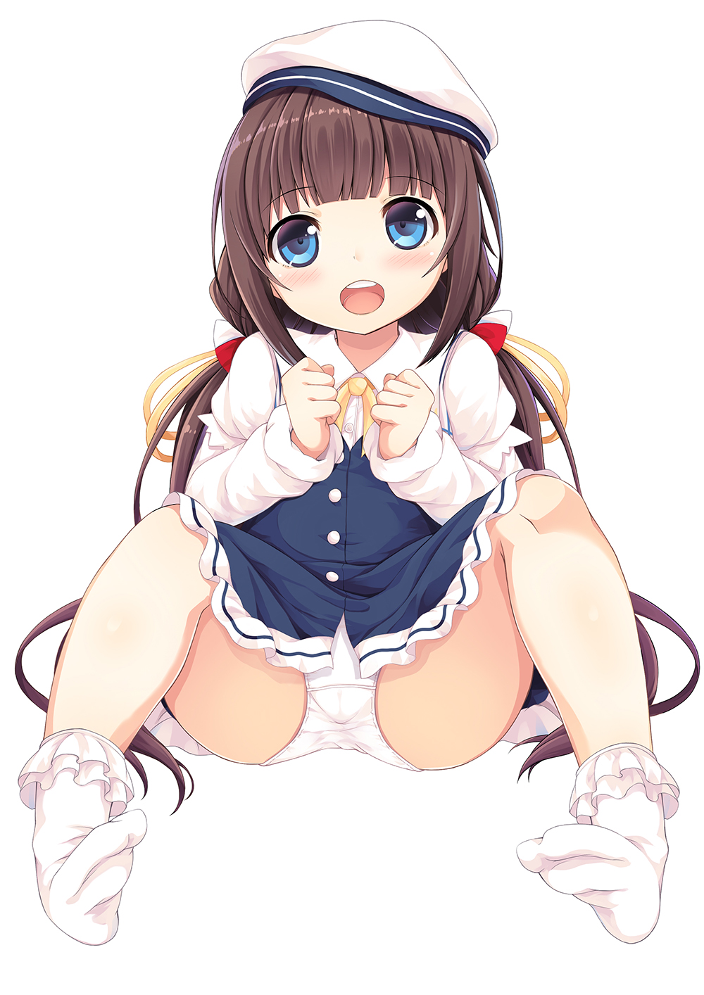 :d bangs beret blue_dress blue_eyes blush bobby_socks brown_hair clenched_hands dress eyebrows_visible_through_hair full_body hat head_tilt highres hinatsuru_ai long_hair long_sleeves low_twintails no_shoes open_mouth panties puffy_short_sleeves puffy_sleeves ryuuou_no_oshigoto! sakuraba_hikaru_(loveindog) school_uniform short_over_long_sleeves short_sleeves simple_background sitting smile socks soles solo twintails underwear upper_teeth very_long_hair white_background white_hat white_legwear white_panties