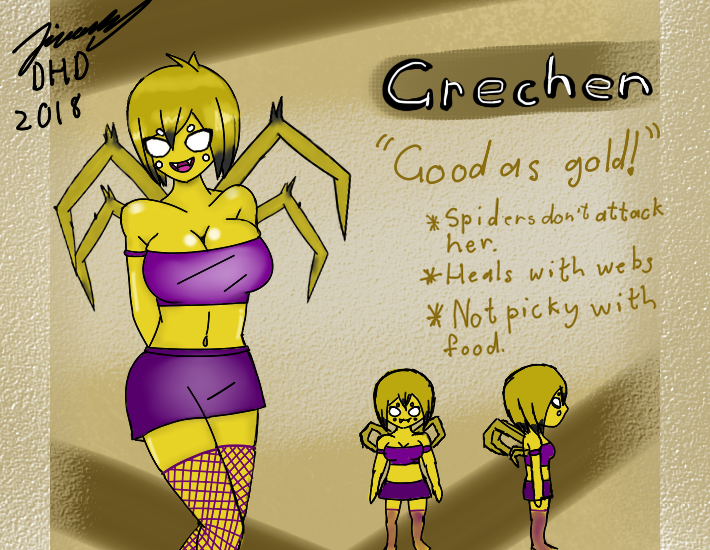2018 anthro arachnid arthropod big_breasts breasts clothed clothing dementedhd don't_starve don't_starve_together fan_character female hands_behind_back humanoid miniskirt multi_leg multi_limb navel sharp_teeth signature skirt smile solo spider standing teeth