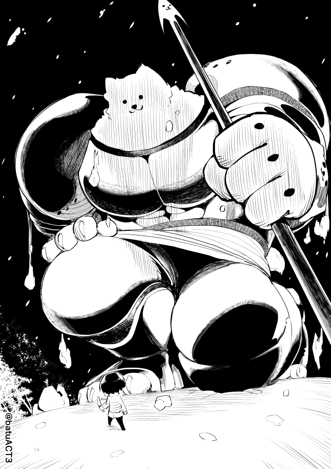 :3 batsu commentary_request dog frisk_(undertale) giant greater_dog greyscale height_difference holding holding_knife holding_weapon knife lance long_sleeves looking_at_another looking_down monochrome one_knee polearm shorts size_difference snow snowing standing twitter_username undertale weapon