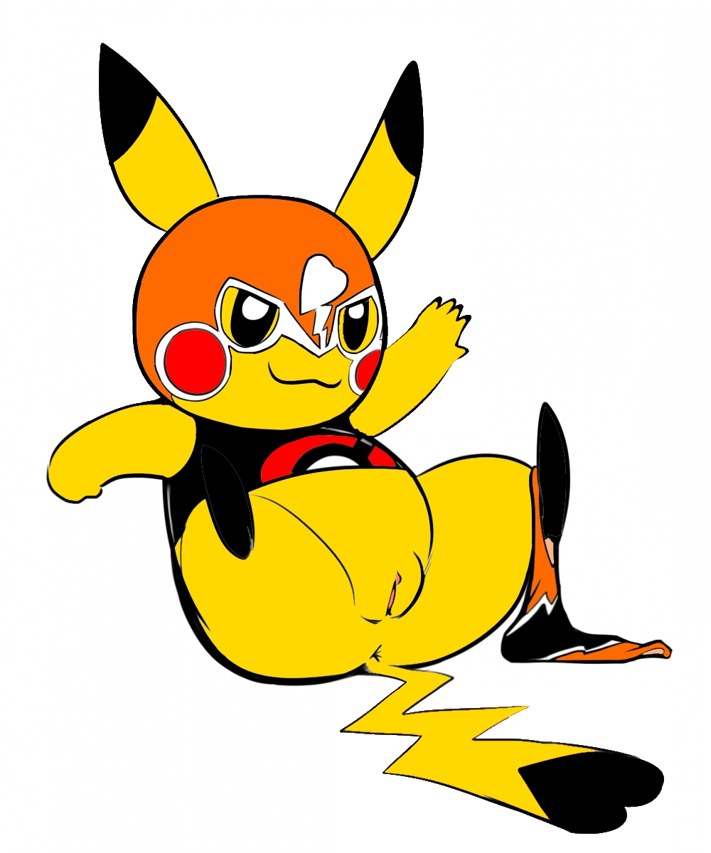 anus cleft_tail cosplay_pikachu female feral front_view nintendo pikachu pikachu_libre pok&eacute;mon pok&eacute;mon_(species) presenting presenting_anus presenting_pussy pussy samuriolu simple_background smile solo spread_legs spreading video_games white_background