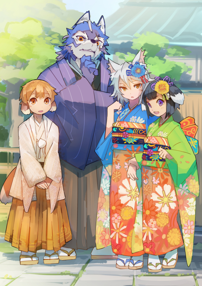 2girls animal_ears bangs black_hair brad_wolfhaus brown_hair chinese_zodiac dog_ears dog_girl dog_tail dogboy flower full_body furry geetgeet hair_flower hair_ornament japanese_clothes kimono monster_boy multiple_boys multiple_girls open_mouth pop-up_story purple_eyes renge_miyamoto rita_drake short_hair silver_hair smile tail werewolf wolf_ears wolf_girl year_of_the_dog yellow_eyes yuuri_lessen