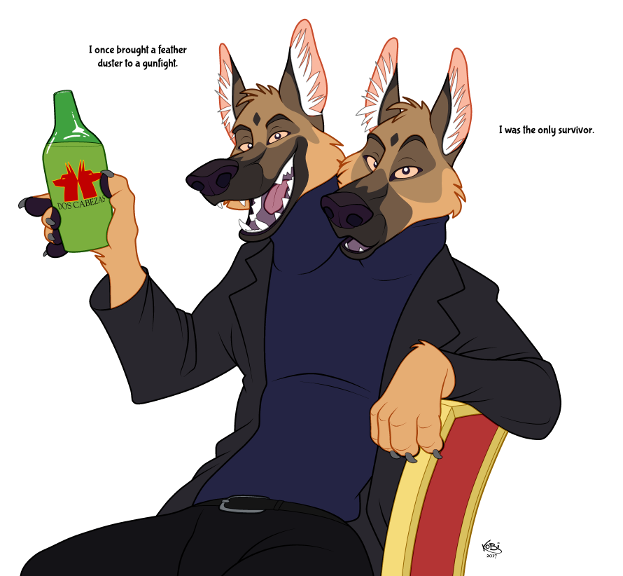 2017 2_heads alcohol alpha_channel anthro beer beverage canine clothing conjoined dog english_text german_shepherd kobi_lacroix looking_at_viewer male mammal multi_head open_mouth simple_background smile text transparent_background