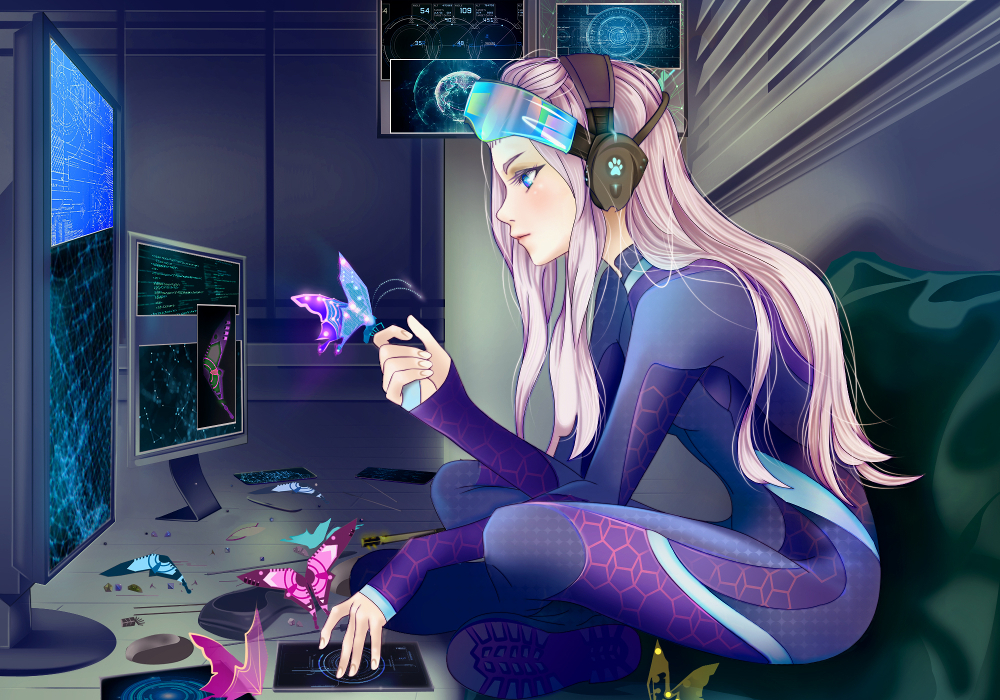 1girl blue blue_eyes bodysuit breasts butterfly color computer cyber cyber_suite cyberpunk engine engineer futuristic glow goggles latex long_hair machine magical music original pale_skin pink_hair punk science_fiction scifi shiny sitting small_breasts smile soft space space_girl suite tablet uniform