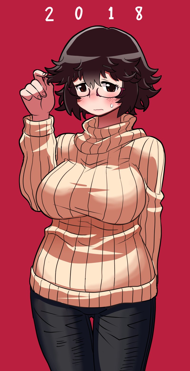 2018 alternate_hairstyle ass_visible_through_thighs black_hair blush breasts brown_eyes commentary cowboy_shot denim embarrassed glasses highres jeans large_breasts looking_at_viewer matsuda_yuusuke messy_hair pants red-framed_eyewear ribbed_sweater solo sweat sweater thigh_gap turtleneck turtleneck_sweater yonezawa_natsumi yuusha_to_maou