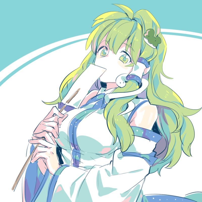 collared_shirt commentary_request detached_sleeves frog frog_hair_ornament gohei green_eyes green_hair hair_ornament hair_tubes here_(artist) japanese_clothes kochiya_sanae long_hair miko shirt sleeveless snake snake_hair_ornament solo touhou white_shirt wide_sleeves