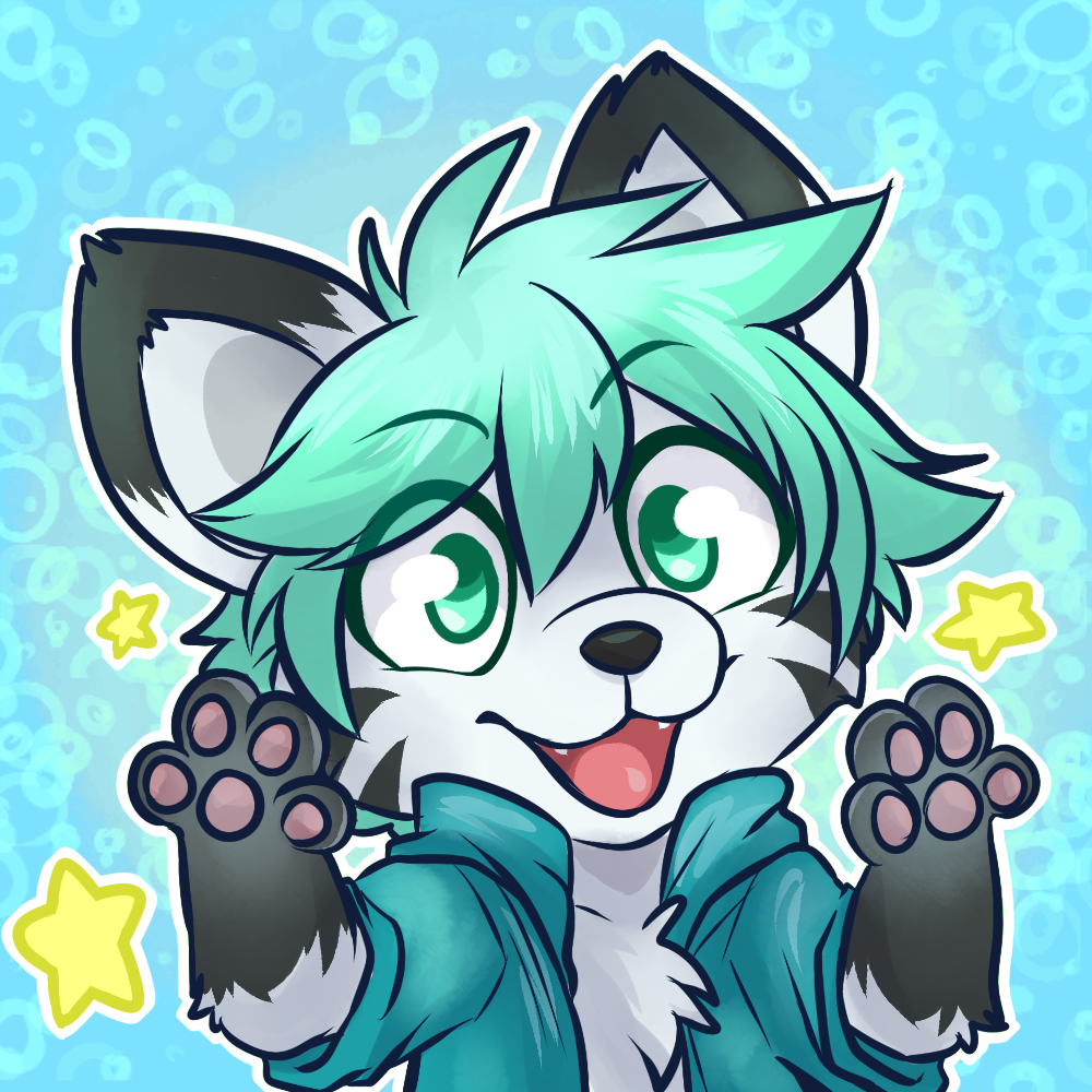 2017 anthro black_fur canine clothed clothing cool_colors digital_drawing_(artwork) digital_media_(artwork) feline flat_colors fox fur green_eyes green_hair hair happy hoodie hybrid icon jacket kourii_raiko male mammal mary_(thatwildmary) open_hoodie pawpads pose raised_arm short_hair smile solo standing star tiger toony white_fur young