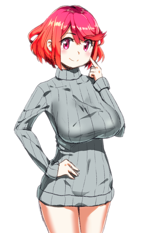 blush breasts fingerless_gloves gloves homura_(xenoblade_2) jewelry large_breasts looking_at_viewer red_eyes red_hair short_hair simple_background smile solo sturm sweater tiara white_background xenoblade_(series) xenoblade_2