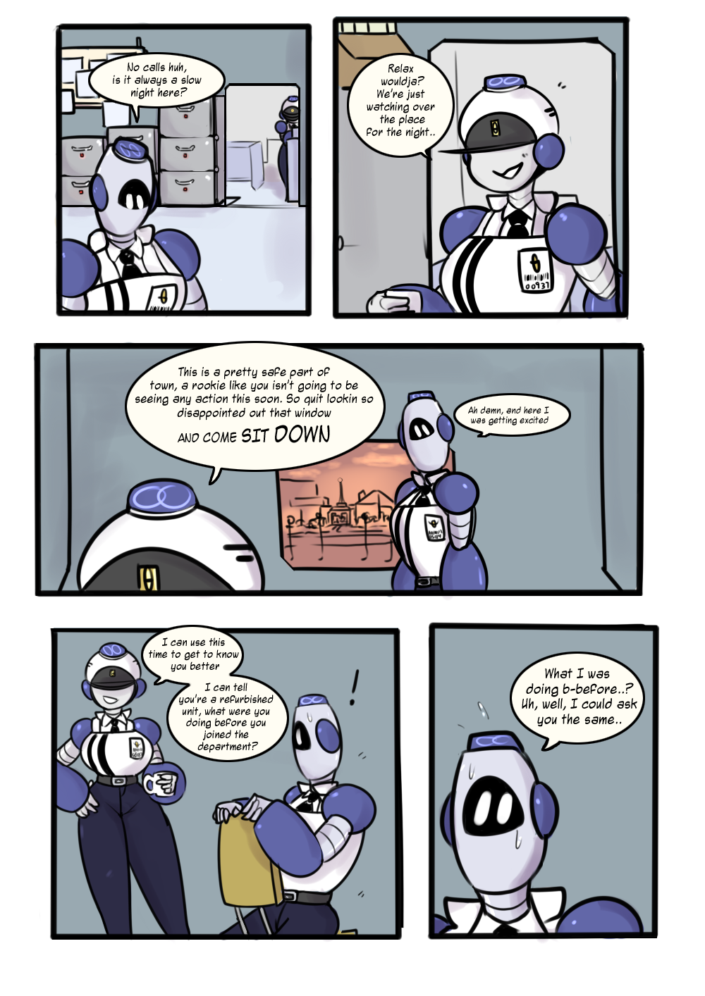 ! ? android bailey_(honeyboyy) border chair coffee_mug comic cup dialogue english_text female grey_skin holding_object honeyboyy humanoid inside lawrence_(honeyboyy) machine male mouthless necktie noseless not_furry office police robot sitting speech_bubble standing sweat text white_border