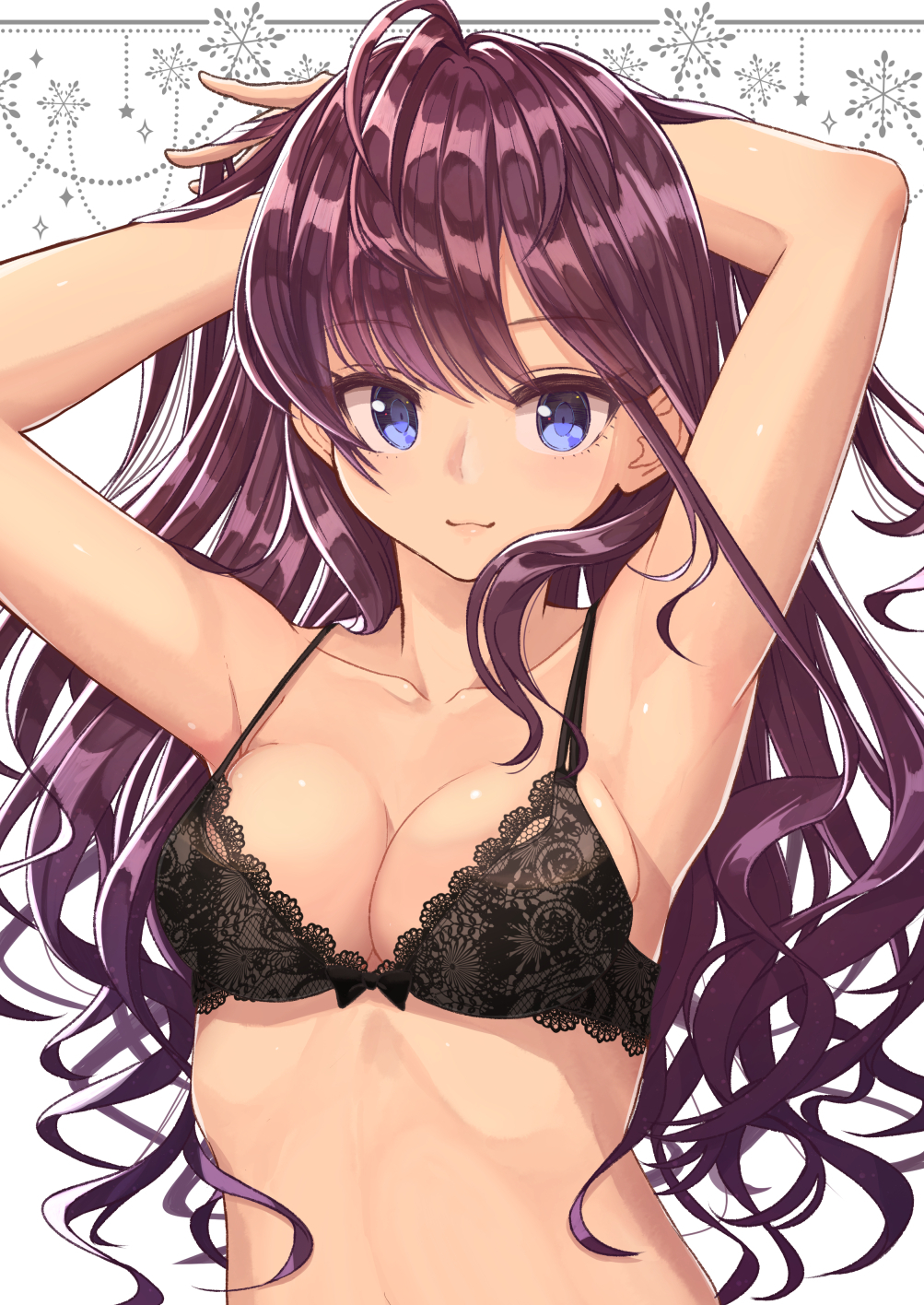 :3 ahoge armpits arms_behind_head arms_up bangs bare_arms bare_shoulders black_bra blue_eyes bow bow_bra bra breasts brown_hair cleavage closed_mouth collarbone eyebrows_visible_through_hair highres ichinose_shiki idolmaster idolmaster_cinderella_girls lace lace_bra long_hair looking_at_viewer medium_breasts migimaki_(migi_mawashi) smile solo underwear underwear_only upper_body very_long_hair white_background