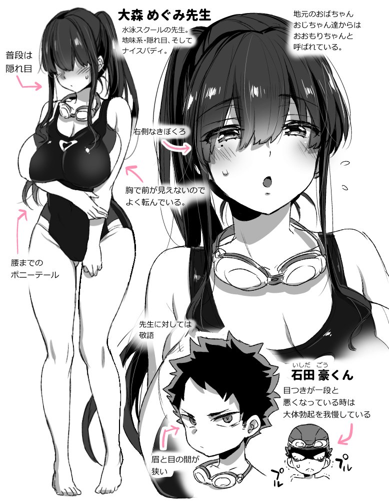 1boy bangs barefoot blush breasts cleavage goggles goggles_around_neck hair_over_eyes large_breasts monochrome morishima_kon one-piece_swimsuit open_mouth ponytail sidelocks swimsuit