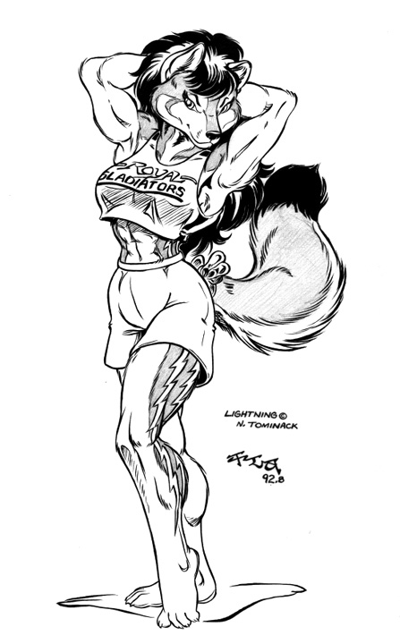 1992 4_toes breasts canine claws clothing dog female fur_pattern husky kencougr lightning_(kencougr) looking_at_viewer low_res mammal monochrome muscular muscular_female shirt shorts solo tank_top tattoo toes