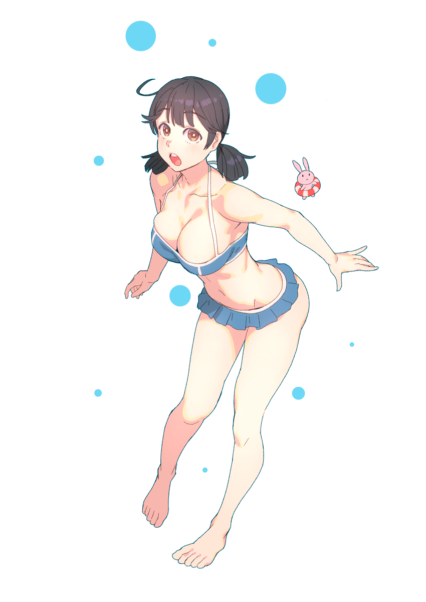 1girl bare_shoulders barefoot bikini black_hair blue_bikini breasts brown_eyes cleavage collarbone highres large_breasts leaning_forward long_hair looking_at_viewer low_twintails open_mouth original swimsuit twintails yuuji_(and)
