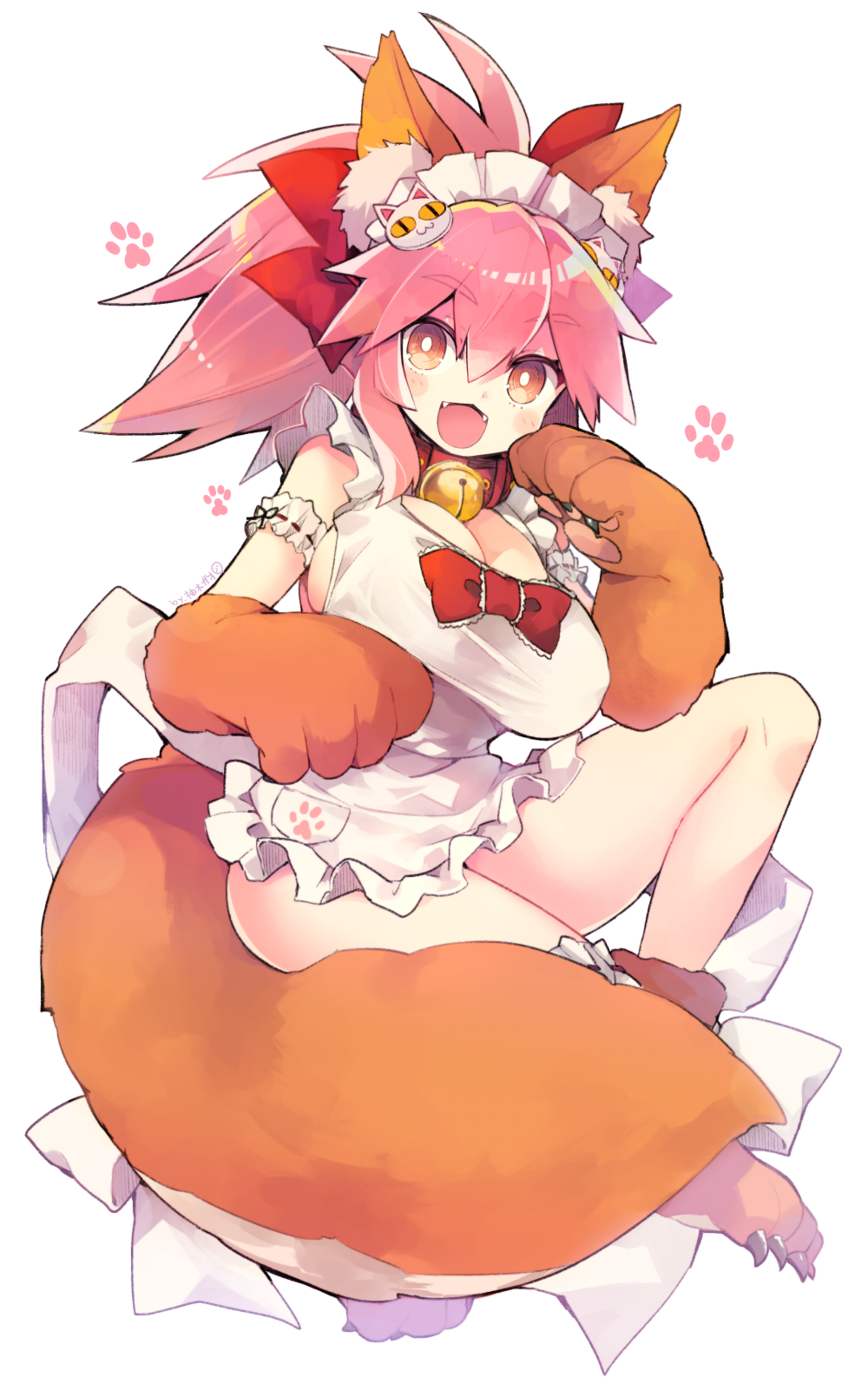 1girl :d animal_ear_fluff animal_ears apron bangs bell bell_collar blush bow breasts brown_eyes cat_hair_ornament cleavage collar commentary_request eyebrows_visible_through_hair fangs fate/grand_order fate_(series) fox_ears fox_girl fox_tail full_body gloves hair_between_eyes hair_bow hair_ornament hand_up highres jingle_bell large_breasts long_hair maid_apron maid_headdress naked_apron open_mouth paw_gloves paw_shoes paws pink_hair red_bow red_collar shoes simple_background smile solo tail tamamo_(fate)_(all) tamamo_cat_(fate) white_apron white_background yuzuki_gao