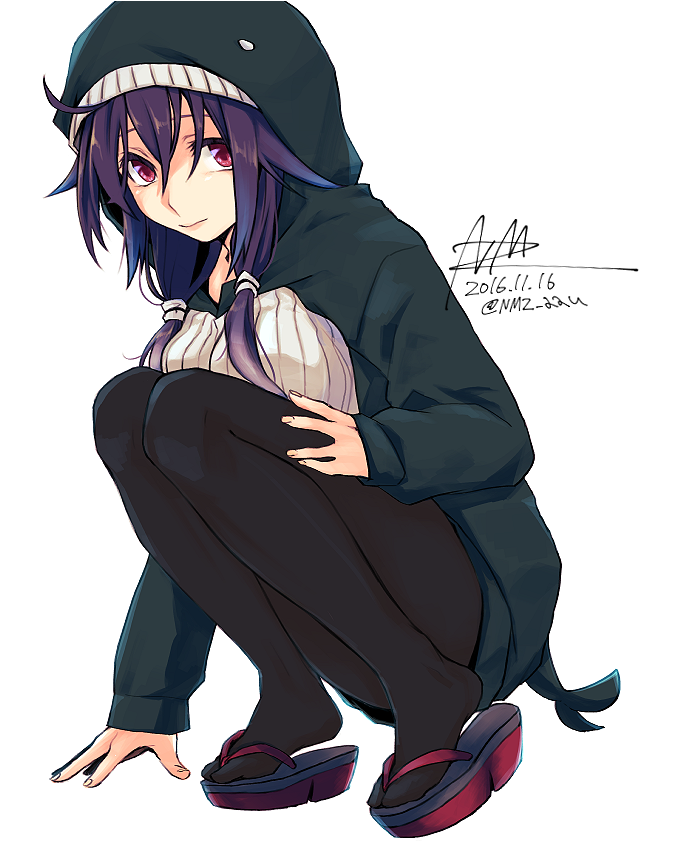 1girl ahoge arm_support bangs black_legwear black_shirt blue_hair closed_mouth dated hair_between_eyes hair_flaps hair_over_shoulder hand_on_own_thigh hood hoodie kantai_collection long_hair long_sleeves looking_at_viewer low_twintails nmz_(namazu) pantyhose platform_footwear red_eyes shirt signature simple_background sleeves_past_wrists solo squatting taigei_(kantai_collection) twintails twitter_username white_background zouri