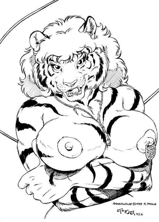 1993 abstract_background amoria_wilde anthro big_breasts black_and_white breasts crystal feline female jewelry kencougr looking_at_viewer low_res mammal monochrome muscular muscular_female necklace nipple_piercing nipples pentacle piercing simple_background solo stripes tiger white_background