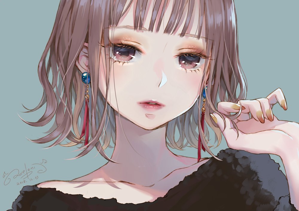 1girl ao+beni bangs brown_hair collarbone earrings eyelashes eyeliner face jewelry lips lipstick looking_at_viewer makeup parted_lips portrait short_hair