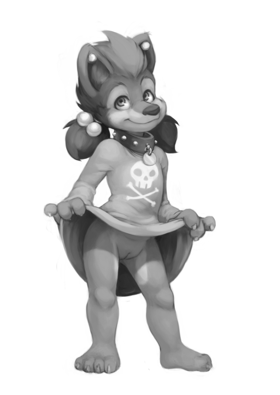 2019 4_fingers 4_toes anthro barefoot black_and_white bottomless canine claws clothed clothing clothing_lift collar cub digital_media_(artwork) dog dogyd feet female flat_chested greyscale hair hi_res hotel_transylvania mammal monochrome presenting presenting_pussy pussy shirt shirt_lift simple_background skull smile solo toes winnie_werewolf_(hotel_transylvania) young