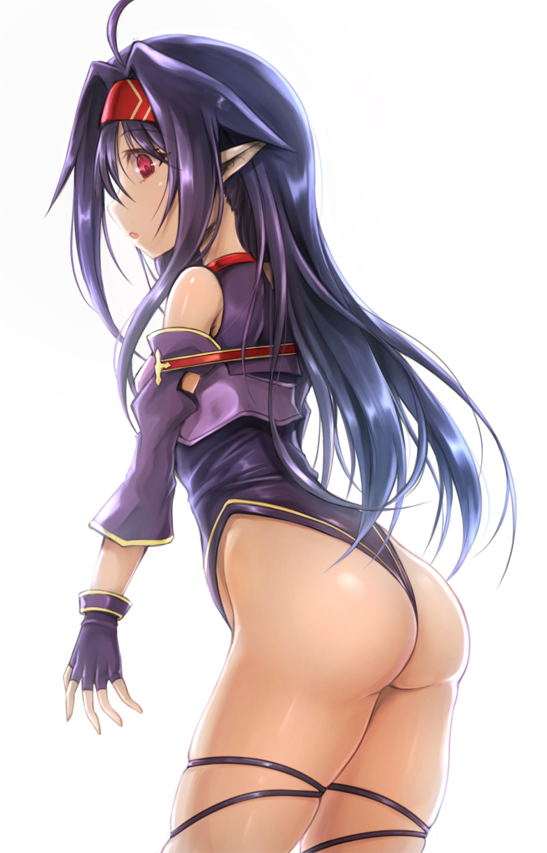 ahoge ass bare_legs bare_shoulders breastplate commentary_request detached_sleeves eyebrows_visible_through_hair fingerless_gloves gloves hair_between_eyes hairband highres leotard long_hair open_mouth pointy_ears purple_gloves purple_hair red_eyes red_hairband shimo_(depthbomb) simple_background solo sword_art_online yuuki_(sao)