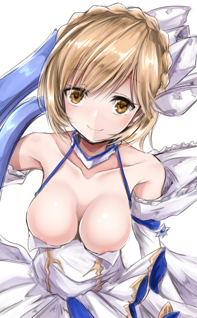 areola_slip areolae bangs bare_shoulders blonde_hair braid breasts breasts_apart brown_eyes closed_mouth collarbone commentary_request crown_braid detached_sleeves djeeta_(granblue_fantasy) dress elbow_gloves elysian_(granblue_fantasy) from_above gloves granblue_fantasy hair_ornament long_sleeves looking_at_viewer medium_breasts ribbon shimo_(depthbomb) shiny shiny_hair short_hair simple_background sketch smile solo white_background white_dress white_gloves