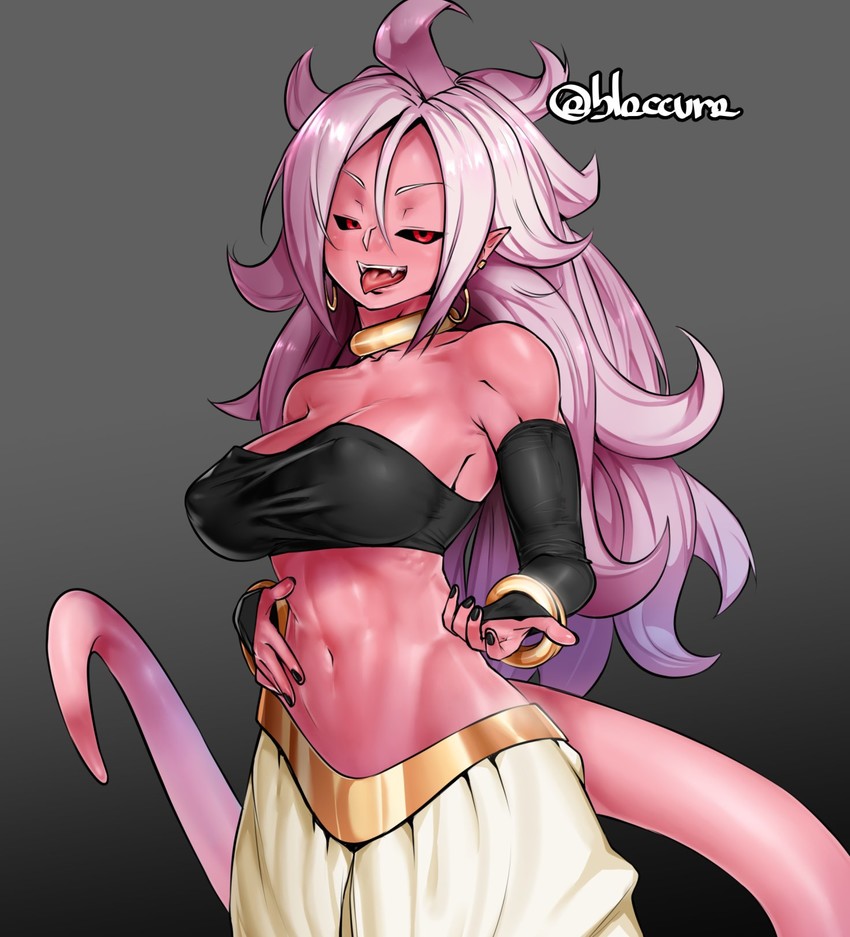 abs android arm_warmers armwear black_sclera burakku-ra clothing dragon_ball dragon_ball_fighterz ear_piercing female hair half-closed_eyes humanoid invalid_tag long_hair looking_at_viewer machine majin majin_android_21 muscular navel open_mouth piercing red_eyes robot simple_background solo tongue tongue_out white_hair