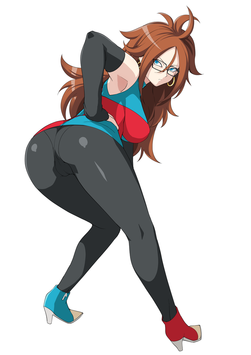 android_21 armpits ass bare_shoulders black-framed_eyewear black_legwear blue_eyes breasts brown_hair checkered checkered_dress closed_mouth commentary_request curly_hair detached_sleeves dragon_ball dragon_ball_fighterz dress earrings from_behind glasses haruhisky high_heels highres hoop_earrings jewelry labcoat large_breasts long_hair looking_at_viewer looking_back panties panties_under_pantyhose pantyhose shiny shiny_hair shiny_skin simple_background sleeveless sleeveless_dress solo standing underwear white_background