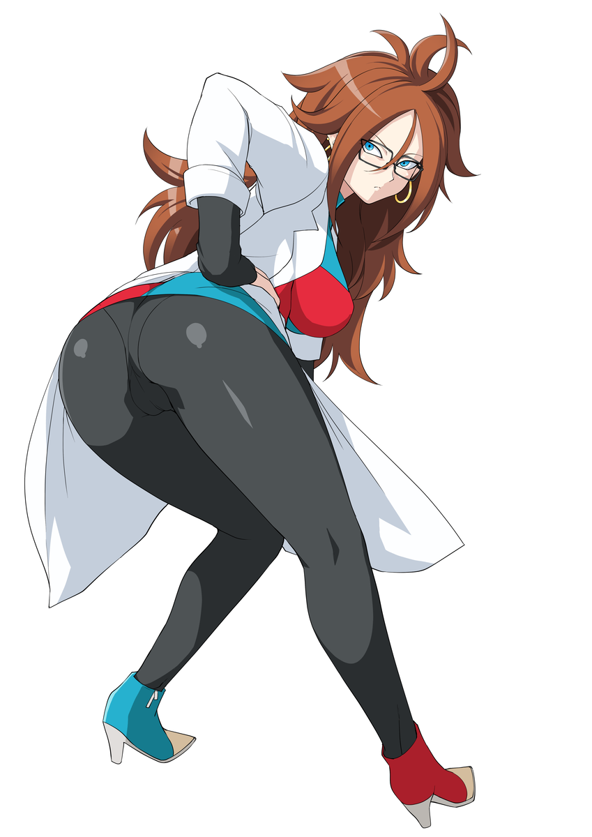 android_21 ass black-framed_eyewear blue_eyes breasts brown_hair checkered checkered_dress closed_mouth commentary_request curly_hair dragon_ball dragon_ball_fighterz dress earrings from_behind glasses haruhisky high_heels highres hoop_earrings jewelry labcoat large_breasts long_hair looking_at_viewer looking_back panties panties_under_pantyhose pantyhose shiny shiny_hair shiny_skin simple_background solo standing underwear white_background