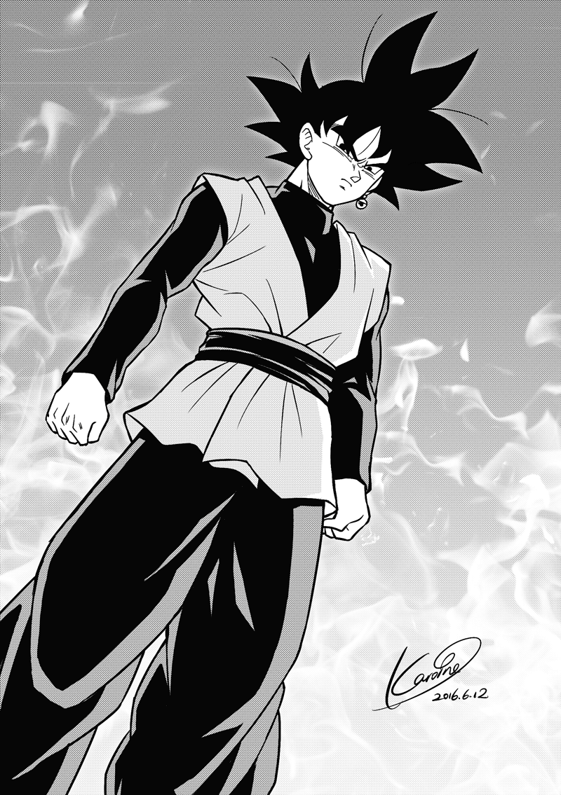 artist_name black_eyes black_hair clenched_hands dated dougi dragon_ball dragon_ball_super earrings frown gokuu_black grey_background greyscale jewelry karoine long_sleeves looking_away male_focus monochrome serious simple_background solo spiked_hair standing