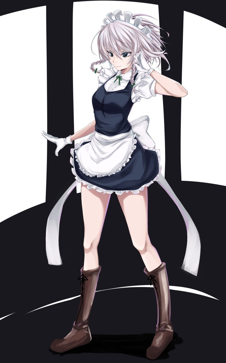 1girl apron bangs black_footwear blue_dress blue_eyes boots bow braid bullseye1203 closed_mouth collared_shirt commentary cross-laced_footwear dress frilled_apron frills full_body gloves green_neckwear green_ribbon hair_ribbon highres izayoi_sakuya lace-up_boots large_bow legs looking_to_the_side maid maid_headdress medium_hair neck_ribbon pinafore_dress puffy_short_sleeves puffy_sleeves ribbon shirt short_dress short_sleeves silver_hair smile solo standing symbol_commentary touhou twin_braids waist_apron white_apron white_bow white_gloves white_shirt