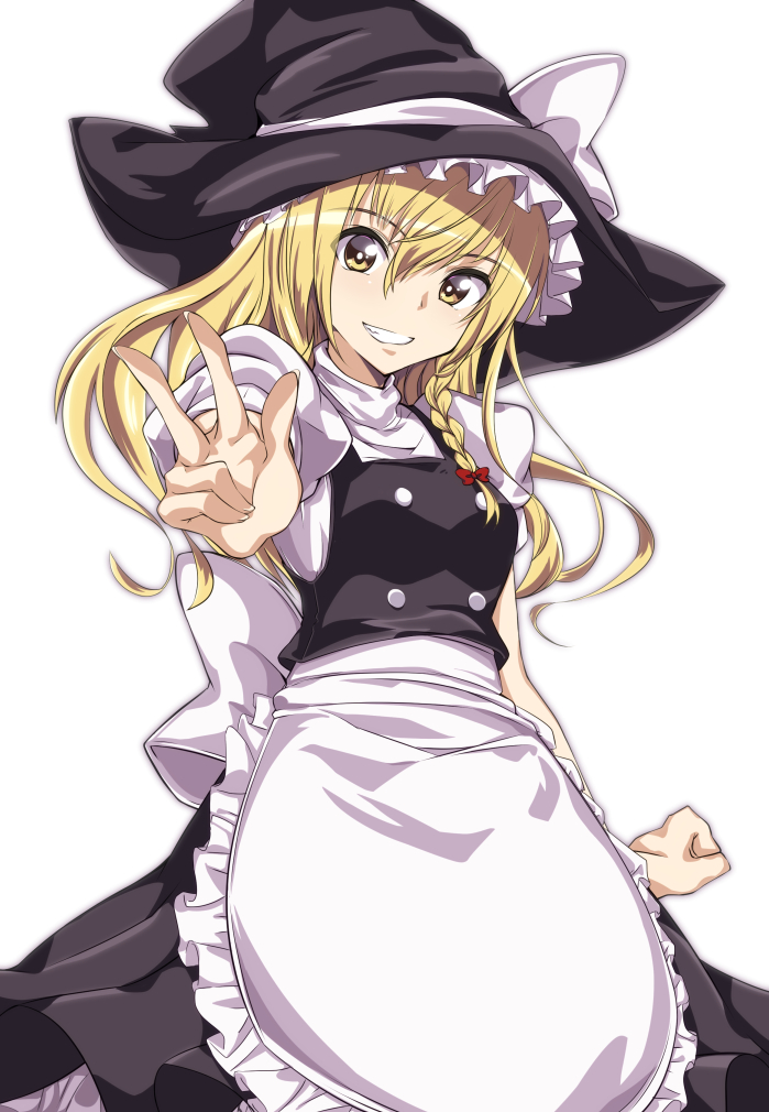 1girl apron black_hat black_skirt black_vest blonde_hair bow braid bullseye1203 clenched_hand commentary frilled_apron frills grin hair_bow hat hat_bow kirisame_marisa large_bow medium_skirt puffy_short_sleeves puffy_sleeves red_bow shirt short_sleeves side_braid skirt skirt_set smile solo touhou v vest waist_apron white_apron white_bow white_shirt witch_hat yellow_eyes