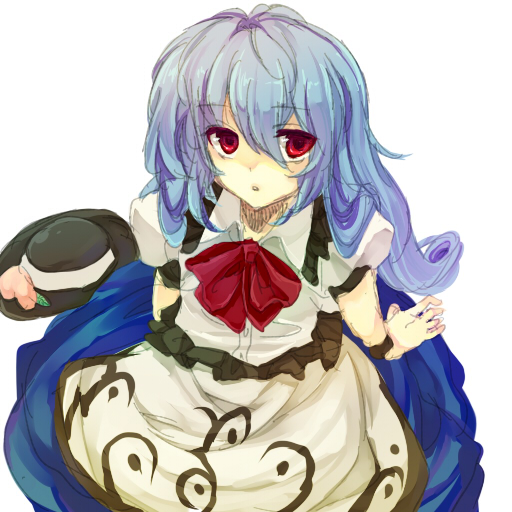 bad_anatomy bad_id bad_pixiv_id blue_hair food from_above fruit hat hat_removed headwear_removed hiharo hinanawi_tenshi long_hair looking_at_viewer peach red_eyes sketch solo touhou