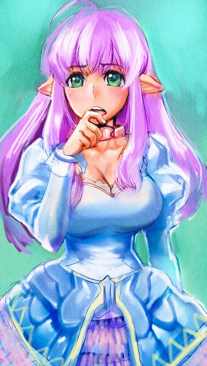 bow_(bhp) breasts cleavage dress elf green_eyes highres large_breasts long_hair original pink_hair pointy_ears solo
