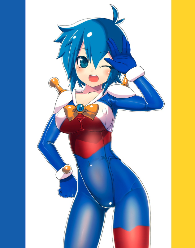 allenby_beardsley antenna_hair bad_id bad_pixiv_id blue_bodysuit blue_eyes blue_hair bodysuit bow g_gundam gundam hand_on_hip mobile_trace_suit multicolored multicolored_bodysuit multicolored_clothes one_eye_closed open_mouth pose red_bodysuit rondo_bell shirt short_hair solo taut_clothes taut_shirt yellow_bow