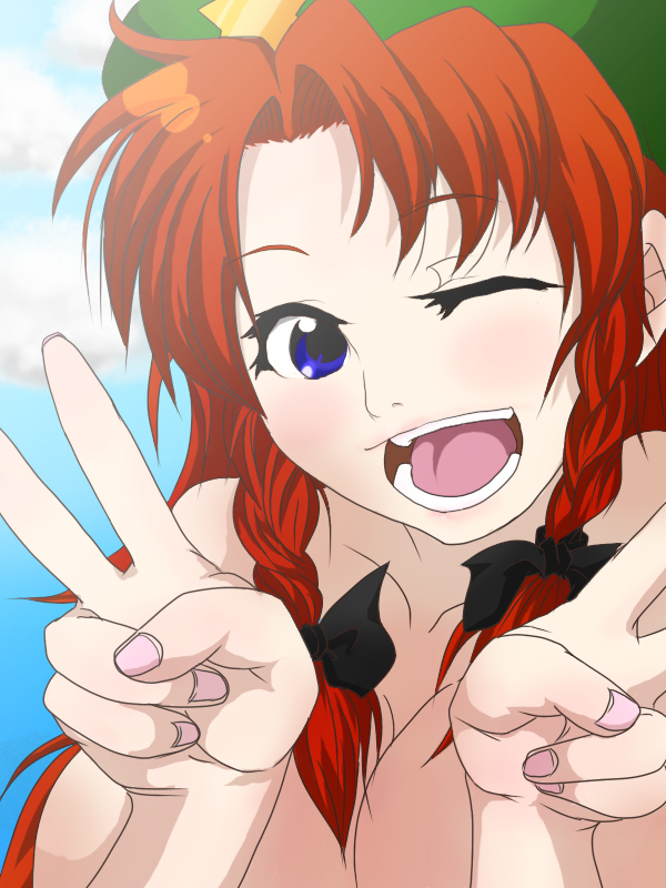blue_eyes blush braid hat hong_meiling long_hair one_eye_closed open_mouth red_hair solo topless touhou twin_braids v