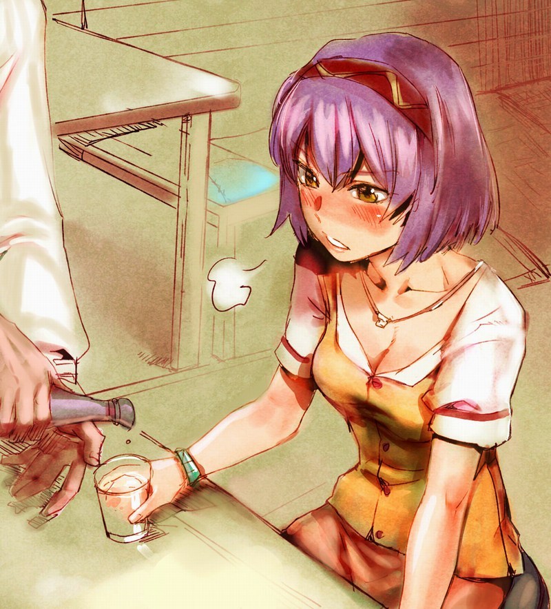 alcohol blush bottle bow_(bhp) breasts cleavage face glass hairband jewelry medium_breasts necklace original purple_hair sake short_hair solo yellow_eyes