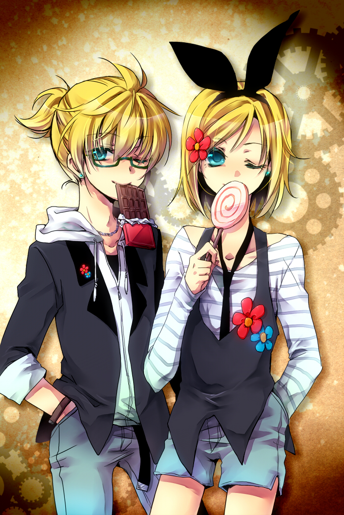 1girl aqua_eyes blonde_hair brother_and_sister candy earrings face flower food glasses hair_ornament hair_ribbon hairclip hand_in_pocket jewelry kagamine_len kagamine_rin lollipop one_eye_closed ponytail ribbon short_hair shorts siblings smile swirl_lollipop twins vocaloid yuh