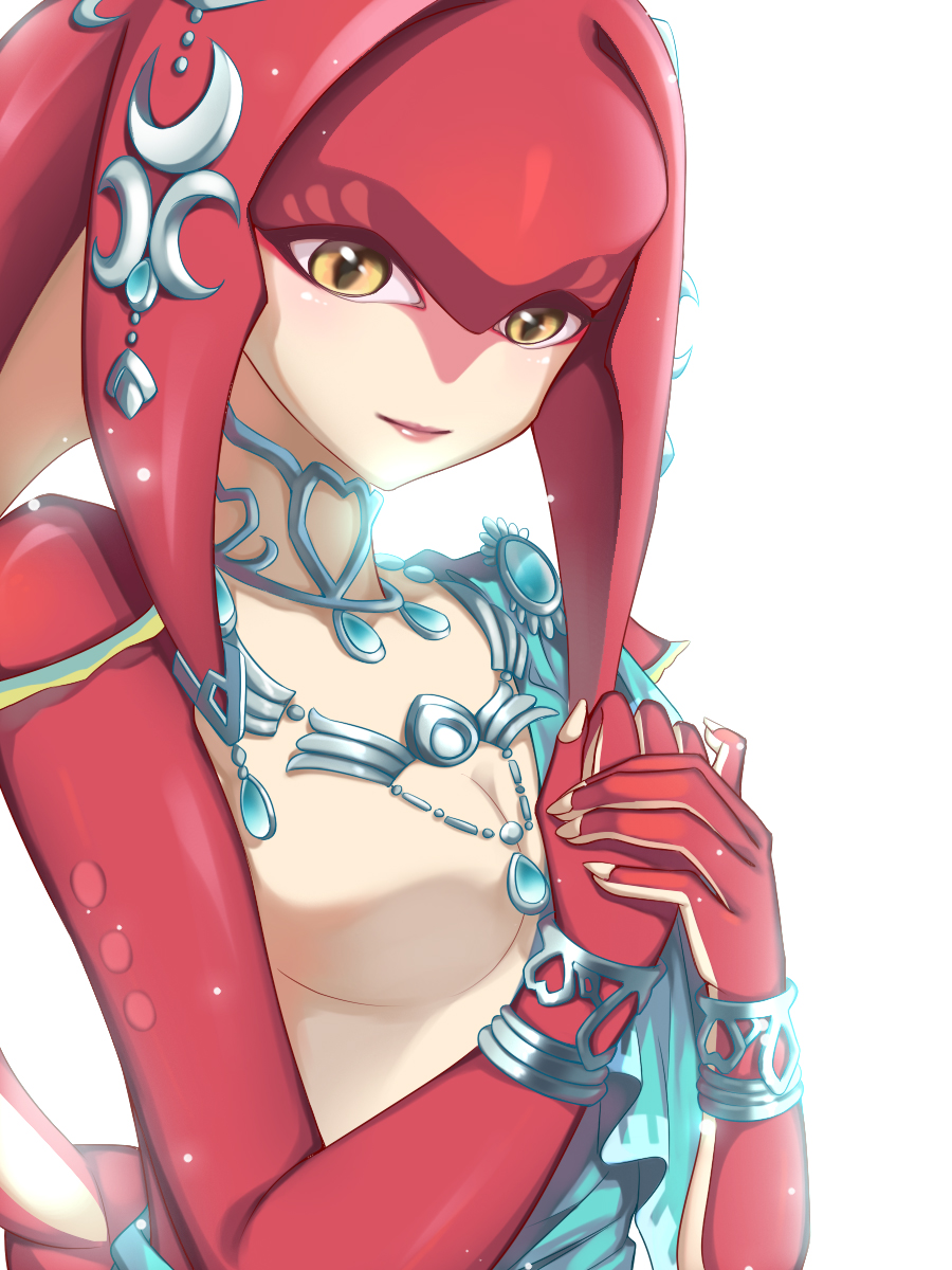 1girl bracelet breasts cleavage fins fish_girl hair_ornament hands_together highres jewelry long_hair looking_at_viewer medium_breasts mipha monster_girl multicolored multicolored_skin necklace nintendo red_hair red_skin sanqian_hui simple_background solo the_legend_of_zelda the_legend_of_zelda:_breath_of_the_wild upper_body white_background yellow_eyes zora